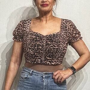 Emory Park Leopard Ruched Crop Blouse Sz L NWT